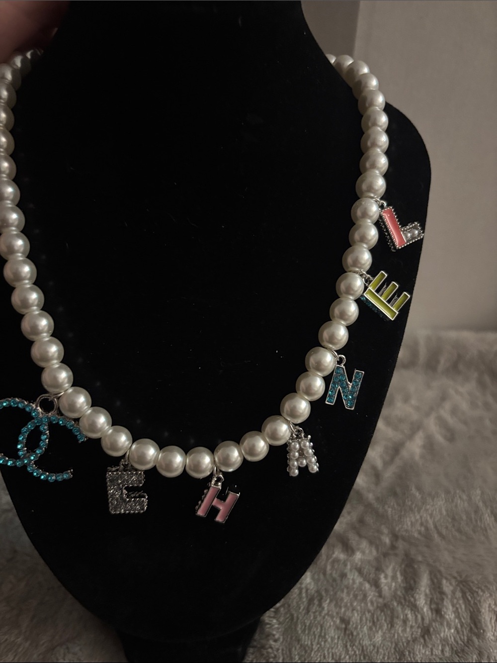 Brand new White Pearl Letter Charm Necklace with Multicolor Accents - Picture 2 of 5